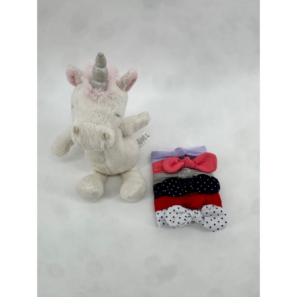 Carters Plush Unicorn Toy and 6 Pack Baby Bow Headbands Set White Pink Silver